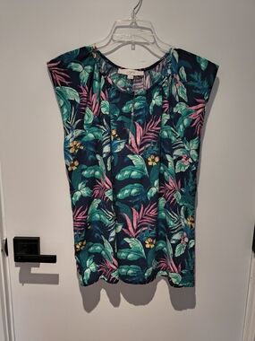 LOFT Navy Tropical Leaf Cap-Sleeve Blouse